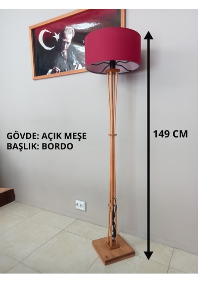 Bordo Başlıklı Açık Meşe Ahşap Lambader-köşe Lambası
