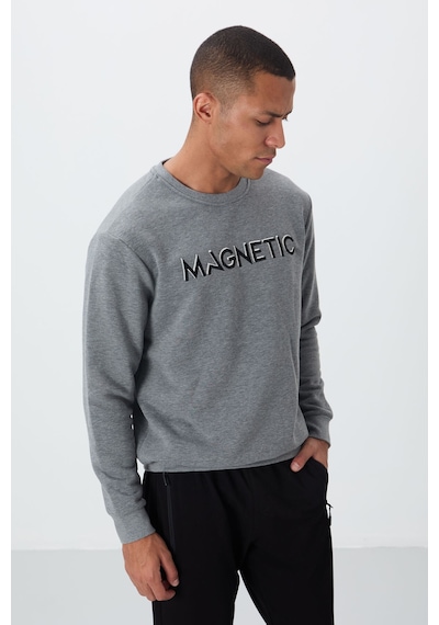 Tommy Life Gri Melanj Yazı Nakışlı O Yaka Rahat Form İçi Polarlı Erkek Sweatshirt - 88020 GRİ MELANJ