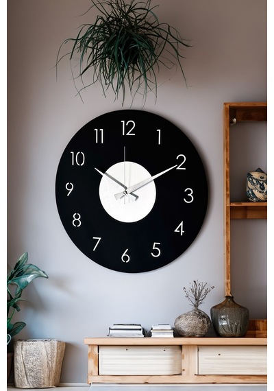 Ahşap Dekoratif Phact Gümüş Aynalı Duvar Saati 48cm Siyah - Gümüş