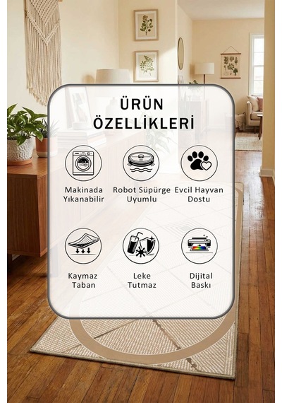 Square D4 Dijital Baskılı Kaymaz Yıkanabilir Yolluk Bej