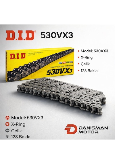 Dıd 530vx3 X-ring Çelik Motosiklet Zinciri 530 Vx3 128 Bakla Çelik