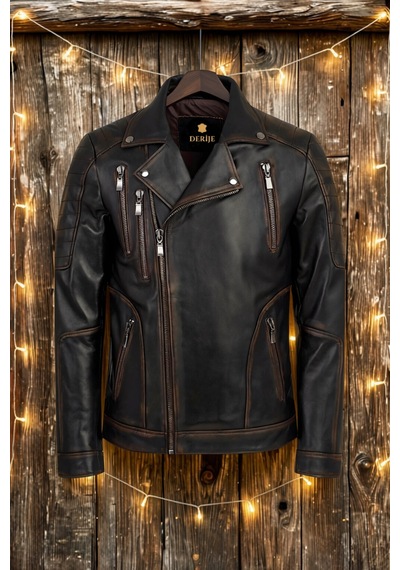Derije Hakiki Deri Motorcu Tarzı Vintage Erkek Biker Mont Eskitme