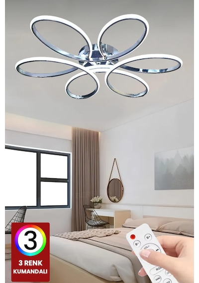 Fuzon 3 Renk Kumandalı Plafonyer Krom Led Avize Modern Orkide Led Avize