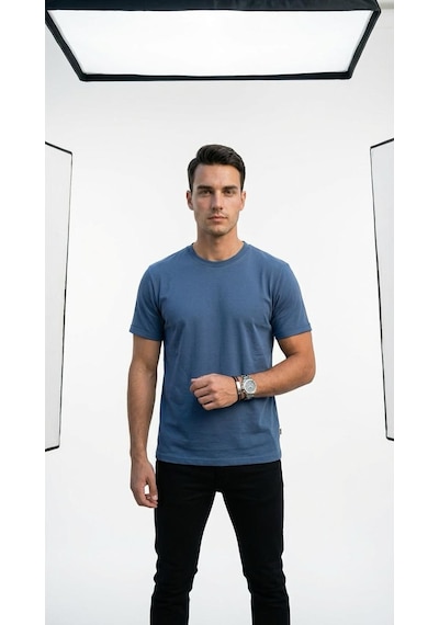 Plus Scorpion T02 Kol Katlama Erkek Slim Fit Basic Tişört Bisiklet Yaka, Düz Kumaş, Yazlık Model İndigo