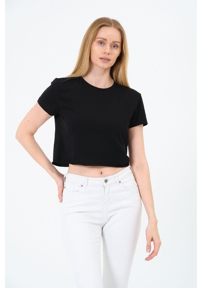 Kadın Siyah Kısa Kollu Oversize Crop - Pamuklu Basic Rahat Kesim T-shirt Çok Renkli