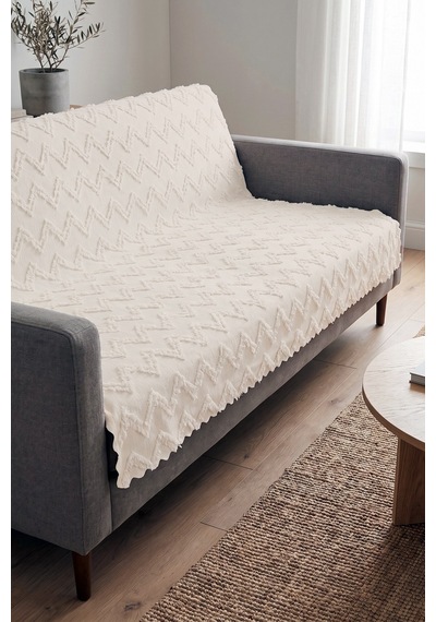 Şönil Koltuk Örtüsü 175x210 Cm Zikzak Desenli Sakallı Çekyat Örtüsü Ekru Ekru