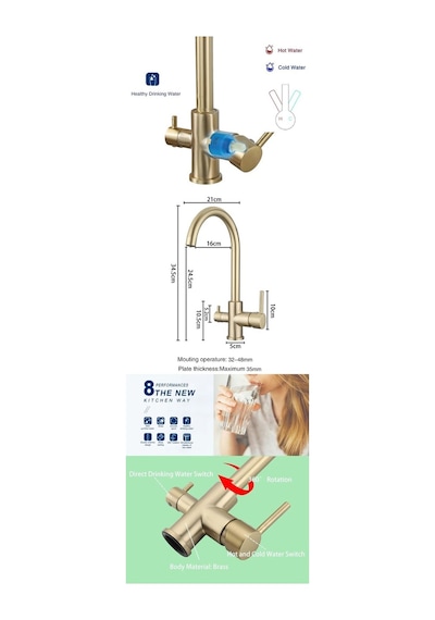Mutfak Evye Bataryası Dual Flow Su Arıtma Çıkışlı Spiralli Fiskiyeli Ithal Mat Gold Evye