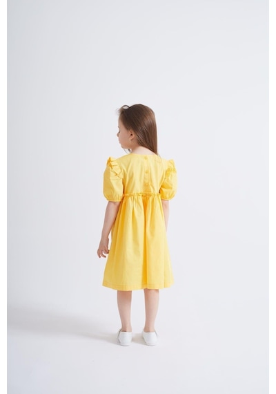 Oliventhekid Sarı Robadan Fırfır Büzgülü Kolları Lastikli Poplin Kız Çocuk Elbise Sarı Sarı