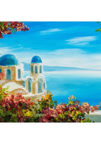 Çiçekli Terasta Mikanos Ve Deniz Manzarası Yağlıboya Kanvas Tablo 50 X 70