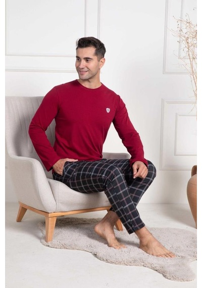 Mecit Pijama Mecit 3050 Erkek Bordo Ekoseli Büyük Beden Pijama Takımı Bordo