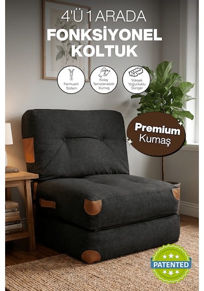 Reyo Pufymax Comfy Yeni Nesil Bohem Koltuk Yatak Olabilen Katlanır Berjer & Modüler Yer Yatağı 75x75x 85 Cm Keten Siyah