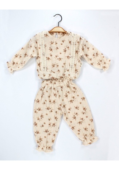Babyhola Dantel Detaylı Çiçek Desenli Müslin Bayramlık Kız Bebek Takım Üst Ve Pantolon İkili Set 2009 Bej