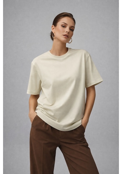 Kadın Bej %100 Pamuk Oversize Basic Tişört Rahat Kalıp Relaxed Bisiklet Yaka T-shirt Bej