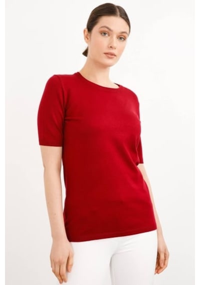 Desen Minimalist Oversize Yuvarlak Yaka Kısa Kol Kadın Bluz - Günlük & Şık Vişne