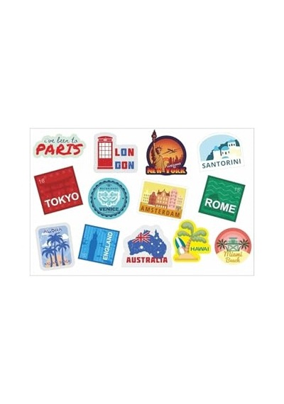 Bavul, Valiz, Seyahat Çantaları Için Turistik Şehirler Temalı Sticker Çıkartma Seti 13 Parça Abanoz