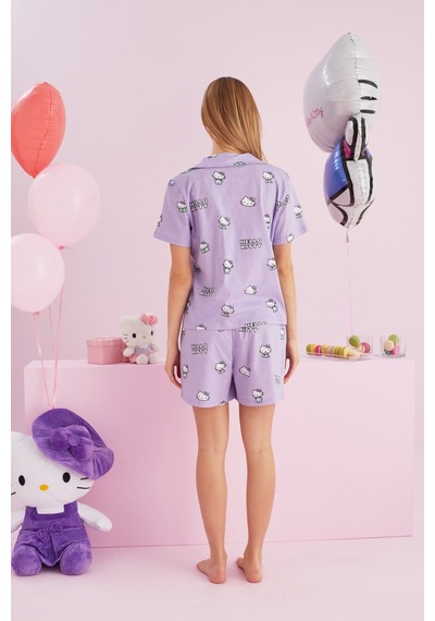 Siyah İnci Lisanslı %100 Pamuk Çok Renkli Düğmeli Şort Pijama Takım Hk155 Lila
