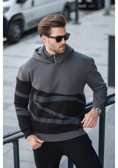 Madmext Füme Kapüşonlu Fermuar Yaka Desenli Erkek Sweatshirt E7162 Füme