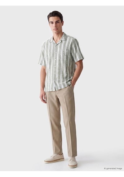 Lcwaıkıkı Classic Yeşil Regular Fit Çizgili Keten Görünümlü Erkek Gömlek