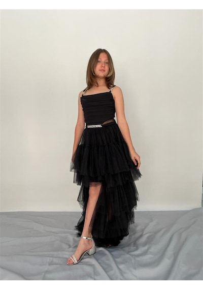 Butikhappykids Kız Askılı Siyah Zincir Detaylı Kat Etekli Kuyruklu Abiye 10-15 Yaş Siyah