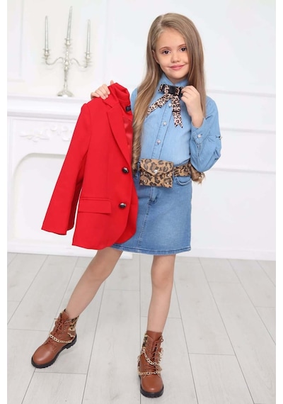 Riccotarz Kız Çocuk Leopar Desenli Fiyonk Detaylı Kot Gömlek Kırmızı Blazer Ceket Etekli Takım 001 Riccotarz Kız Çocuk Leopar Desenli Fiyonk Detaylı Kot Gömlek Kırmızı Blazer Ceket Etekli Takım 001