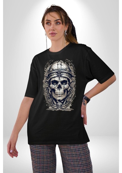 Kask Miğfer İskelet Asker Pamuklu Bisiklet Yaka Unisex Oversize Boyfriend Dijital Baskılı Siyah T-shirt Siyah