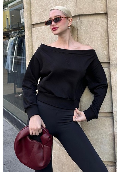 Madmext Siyah Kayık Yaka Kadın Sweatshirt Mg2239 Siyah