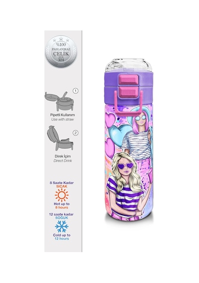Coral High Kids Pembe Mor Fashion Girl Desenli Pipetli Ve Direkt İçim Çelik Termos 500 Ml 31956 Pembe - Mor