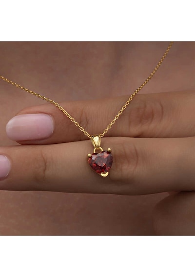925 Ayar Gümüş Gold Kırmızı Taşlı Kalpli Kadın Kolye