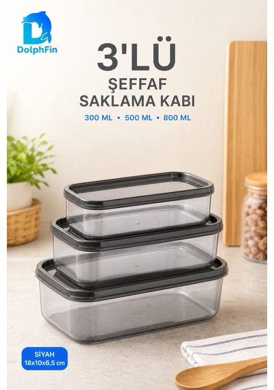 3'lü Şeffaf Saklama Kabı Siyah 300/500/800 Ml