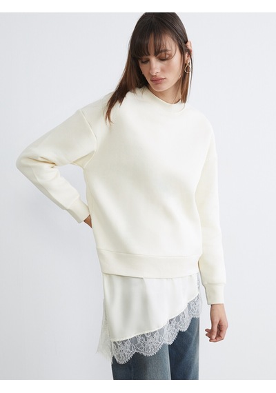 Lcw Vision Bej Dantel Detaylı Oversize Kadın Kalın Sweatshirt