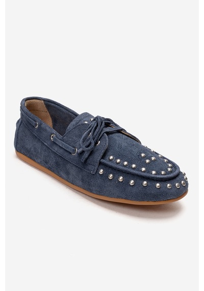 Luvishoes Cuesta Kot Mavi Süet Hakiki Deri Troklu Bağcıklı Kadın Loafer Ayakkabı