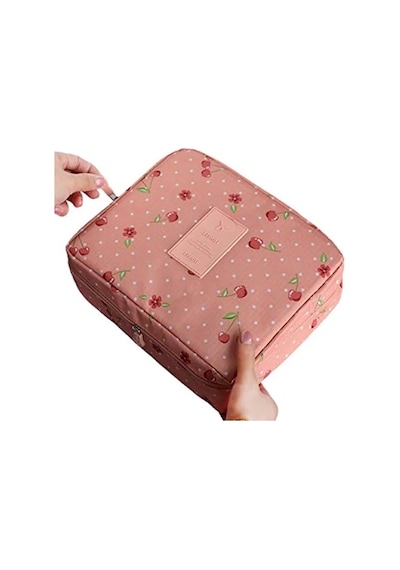 Su Geçirmez Seyahat Makyaj Çantası - Pembe Kiraz Desenli