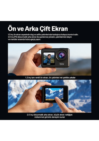 Bix Nexa 1 Wi-fi 5k 30fps Aksiyon Kamerası 50 Mp Çift Ekran Geniş Açılı Ve Eıs Özellikli 30m Su Geçirmez Bisiklet Motosiklet Vlog Kamerası Siyah