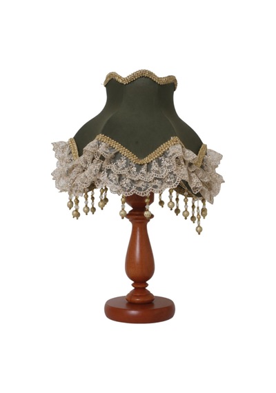Haki Kumaş Başlık Dantel Süsleme Doğal Ahşap Kahve Ayak Klasik Model Abajur Otantik 45x25cm