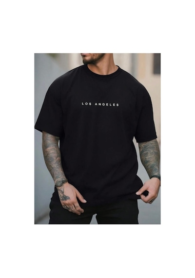 Medinenur Los Angels Yazı Detaylı Basic T-shirt Siyah