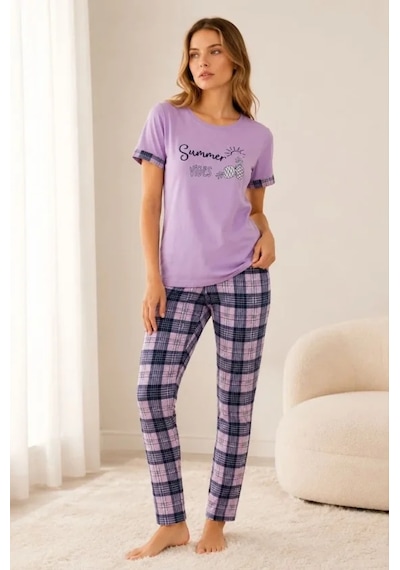 Modi Pamuklu Penye Summer Baskılı Kısa Kollu Pijama Takımı Bisiklet Yaka Ekose Desenli - Lila Çok Renkli