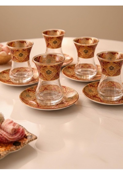 Topkapı 6 Kişilik Çay Seti, French Press Hediyeli, 9 Farklı Osmanlı Desenli Çay Bardağı Takımı 6, Topkapı Gold Çok Renkli