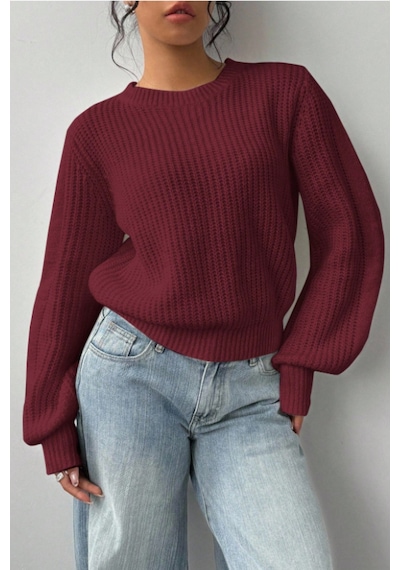 Tarz Cool Kadın Bordo Oversize Bisiklet Yaka Balon Kol Fitilli Triko Kazak Bordo