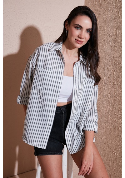 Lela Regular Fit Uzun Kollu Çizgili Bayan Gömlek 6772875 Siyah