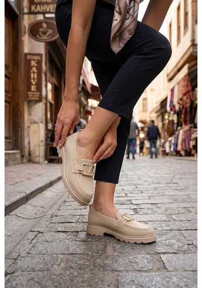 Fort Ventes 346800 Rahat Toka Aksesuarlı Triko Loafer Kadın Ayakkabı Bej