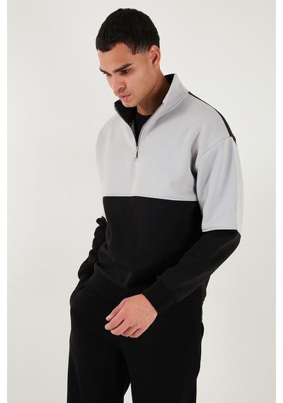 Buratti Renk Bloklu Regular Fit Yarım Fermuarlı Dik Yaka Erkek Sweat 5905719 Siyah