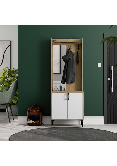 5022 Royal Sol Aynalı 2 Kapaklı 2 Askılı Portmanto Sepet - Beyaz