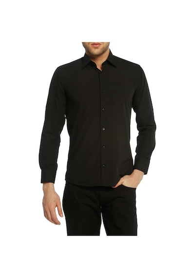 Siyah Slim Fit Uzun Kol Düz Renk Erkek Gömlek // 151-20 Siyah