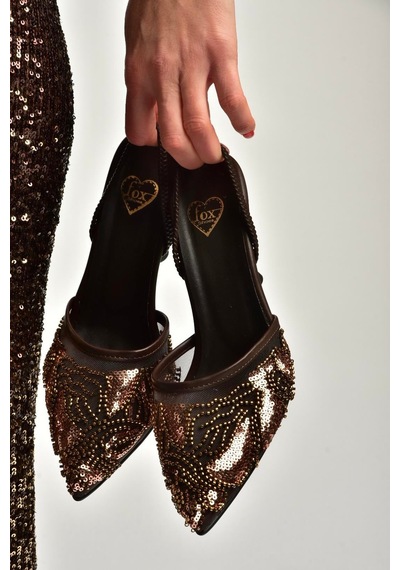 Fox Shoes Y726493615 Kahverengi File Pullu İşlemeli İnce Topuklu Ayakkabı Kahverengi