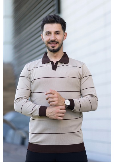 Hk Premium Çizgili Polo Yaka Slim Fit Triko Kazak Bej