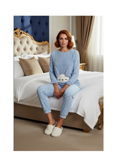 Frm Kadın Kalpli Polar Pijama Seti Ve Göz Bandı Hediyeli Fonksiyonel mavi