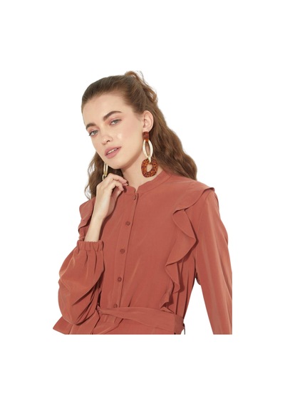 Kayra Farbalalı Katlı Elbise Kay.vv-a23-93005 Kiremit