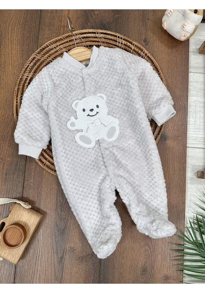 101 Dalmaçyalı Peluş Ayıcık Nakışlı Patikli Çıtçıtlı Kışlık Erkek Bebek Tulum Gri