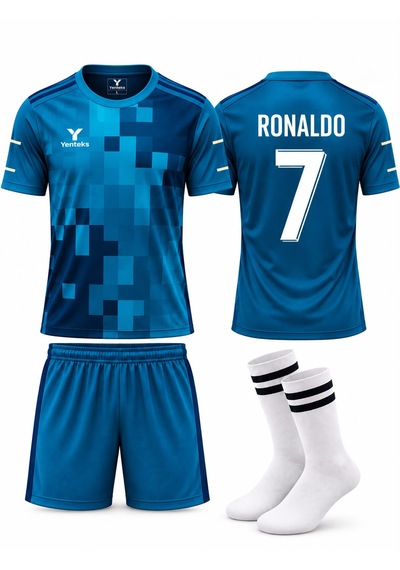 Yenteks Ronaldo Yazılı Turkuaz Çocuk Forma Seti Çorap Hediyeli Beyaz - Turkuaz