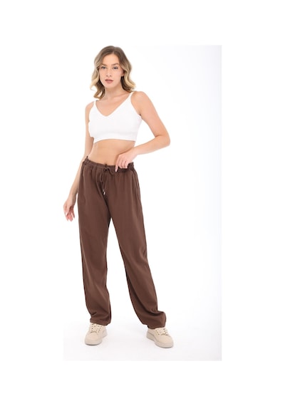 Blayn Jeans Blayn Kadın Taba Keten Dokulu Yüksek Bel Bol Paça Beli Bağcıklı Pantolon Kahverengi